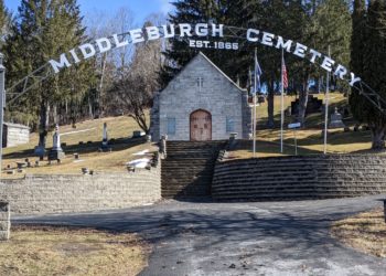 Picture of the "Middleburgh Cemetery" sign in front of the Vault.