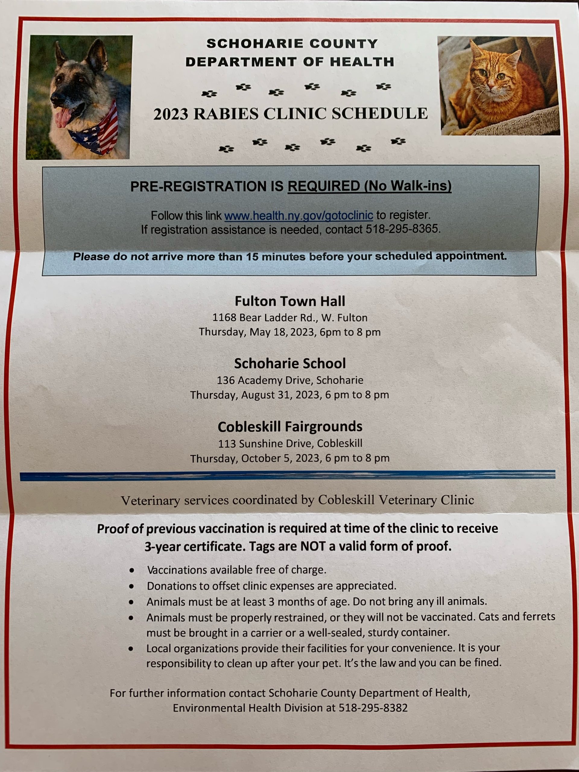 Rabies Clinics Village of Middleburgh, Schoharie County New York
